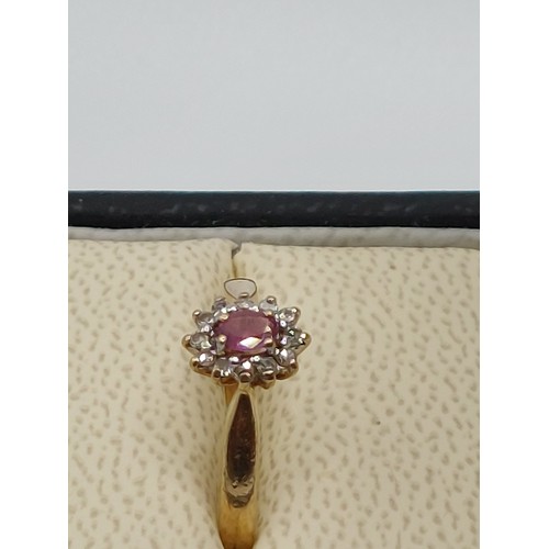 422 - 9ct RUBY & DIAMOND CLUSTER RING SIZE ‘M ½ ‘ WEIGHT 2gms. HALLMARKED. DIAMOND STAMPED .10