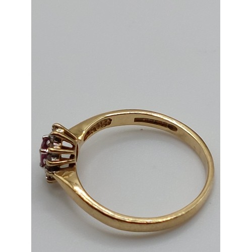422 - 9ct RUBY & DIAMOND CLUSTER RING SIZE ‘M ½ ‘ WEIGHT 2gms. HALLMARKED. DIAMOND STAMPED .10