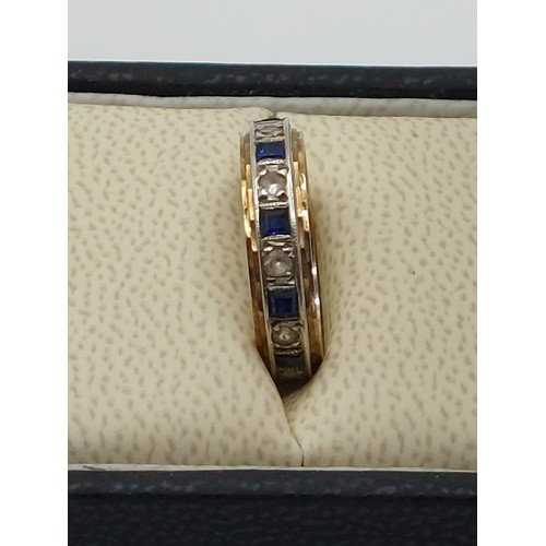 348 - 9ct GOLD SAPPHIRE & SPINEL ANTIQUE FULL 
ETERNITY RING SIZE ‘K’. WEIGHT 3.4gms. STAMPED 9ct  TESTED