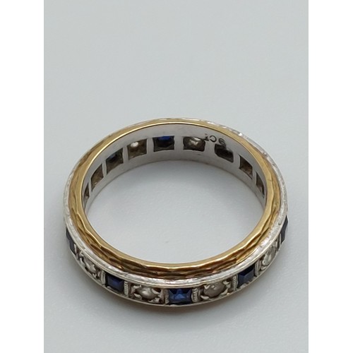 348 - 9ct GOLD SAPPHIRE & SPINEL ANTIQUE FULL 
ETERNITY RING SIZE ‘K’. WEIGHT 3.4gms. STAMPED 9ct  TESTED