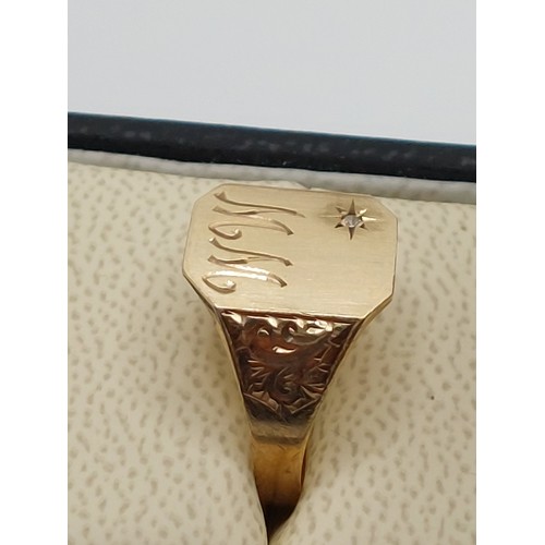 351 - 9ct GOLD & DIAMOND SIGNET RING. INITIALLED WITH ‘M M’ & DECORATIVE SHOULDERS SIZE ‘Q’ WEIGHT 2.65gms... 