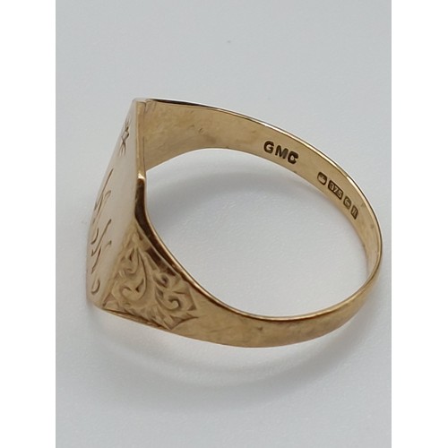 351 - 9ct GOLD & DIAMOND SIGNET RING. INITIALLED WITH ‘M M’ & DECORATIVE SHOULDERS SIZE ‘Q’ WEIGHT 2.65gms... 