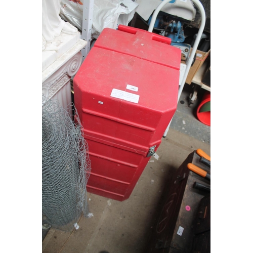 83 - LOCKABLE PLASTIC STORAGE CONTAINER WITH WHEELS AND CARRY HANDLE IN RED