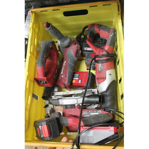 37 - PLASTIC TRAY FULL OF EINHELL BATTERY POWER TOOLS, INC GRINDER WITH BATTERIES AND CHARGERS