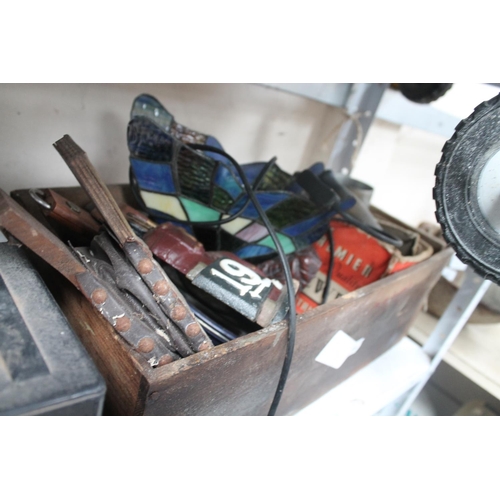 84 - WOODEN BOX CONTAINING CAST DOOR STOPPER, BELLOWS AND TIFFANY STYLE BUTTERFLY LIGHT