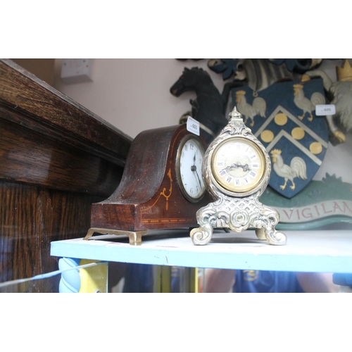 603 - INLAID MANTLE CLOCK AND ORNATE METAL CLOCK