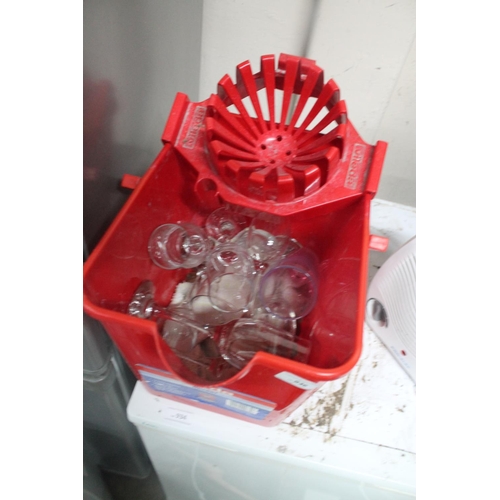 936 - MOP BUCKET WITH GLASSWARE, COINS AND OTHER RANDOM