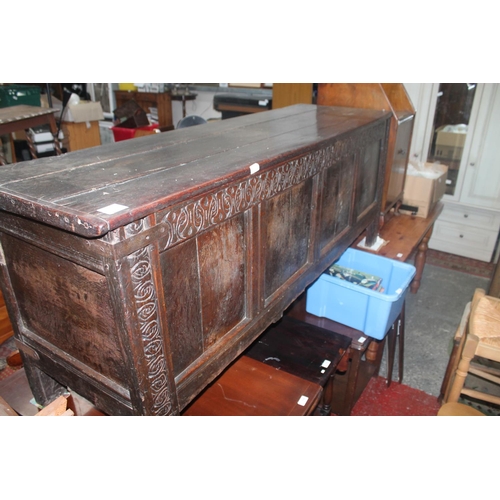 777 - LARGE 18TH CENTURY CARVED OAK COFFER GOOD SOLID CON. NO WORM 6FT X 22IN STANDS 28IN TALL