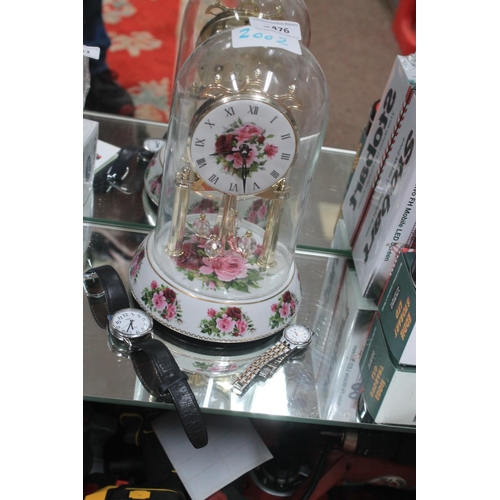 476 - FLORAL GLASS DOMED CLOCK WITH 2 WRIST WATCHES