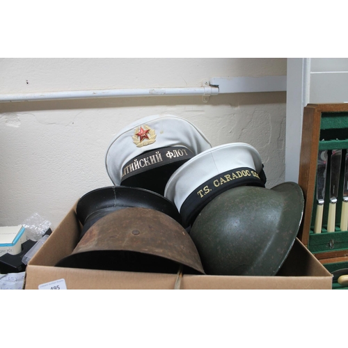 495 - SELECTION OF WAR HATS AND HELMETS