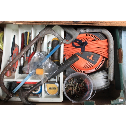 138 - LARGE BOX OF ASSORTED TOOLS AND ELECTRICAL CABLES