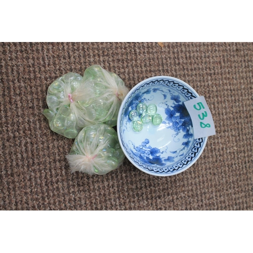 538 - 3 ORIENTAL BLUE AND WHITE BOWLS WITH BEADS