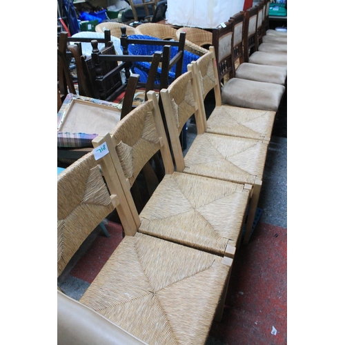 718 - 6 BEECHWOOD CHAIRS WITH RUSH SEATS AND BACK