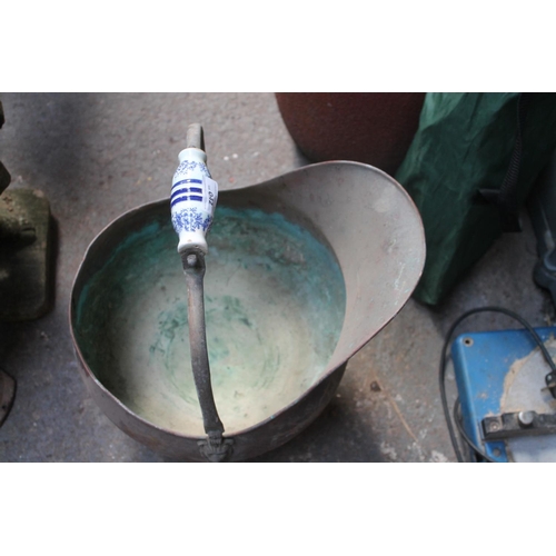 42 - BRASS COAL SCUTTLE WITH PORCELAIN HANDLE