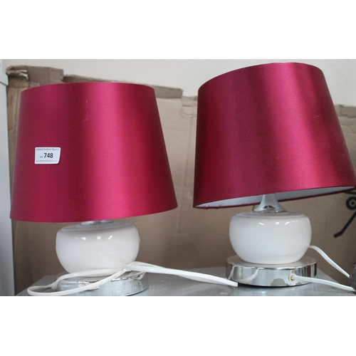 748 - PAIR OF WHITE TABLE LAMPS WITH SHADES (NO PLUGS)