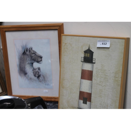 612 - FRAME AND GLAZED PICTURE OF A LIONESS AND CUB PLUS A LIGHTHOUSE