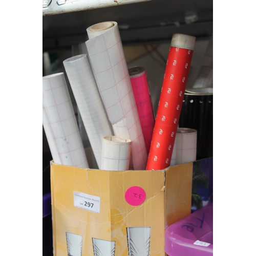 297 - BOX OF ASSORTED ROLLS OF STICKY BACK PAPER