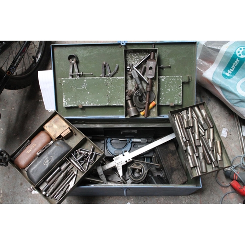 37 - METAL TOOLBOX WITH LARGE COLLECTION OF VINTAGE ENGINEERING TOOLS