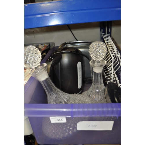 314 - BOX OF GLASS DECANTERS AND KETTLE