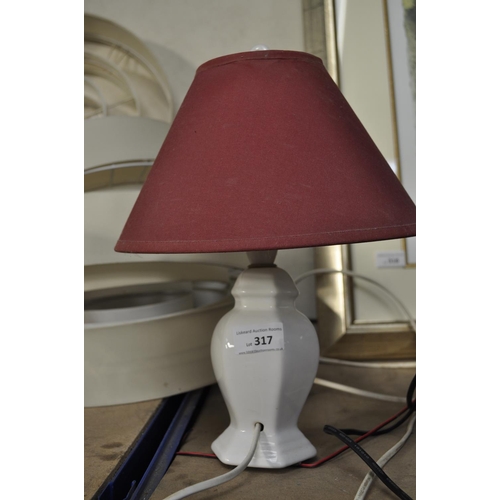 317 - WHITE CERAMIC TABLE LAMP WITH PURPLE SHADE