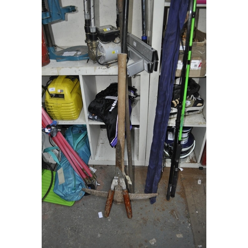 52 - QTY OF GARDEN TOOLS, PICK AXE, RAKE, SHEARS