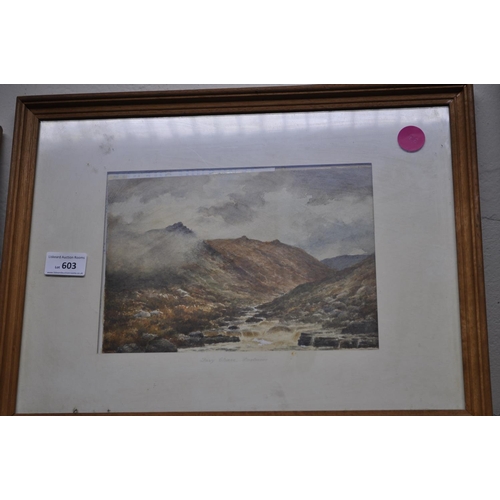 603 - FRAMED AND GLAZED PICTURE OF A MOUNTAIN SCENE WITH RIVER