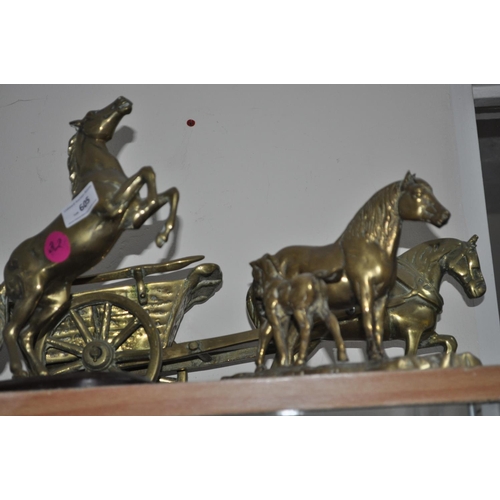 605 - 3 X HEAVY BRASS HORSES AND CART