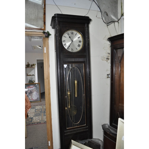 614 - OAK LONG CASE CLOCK 8 DAY REPEATER PLUS TWO BRASS WEIGHTS PLUS BRASS PENDULUM AND KEY TO DOOR IN THE... 