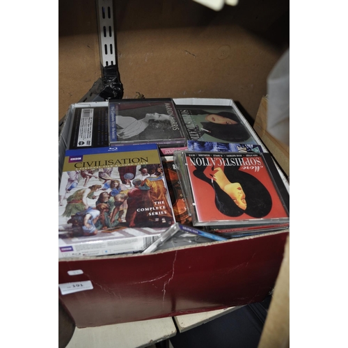 191 - BOX OF HARDBACK BOOKS AND CDS