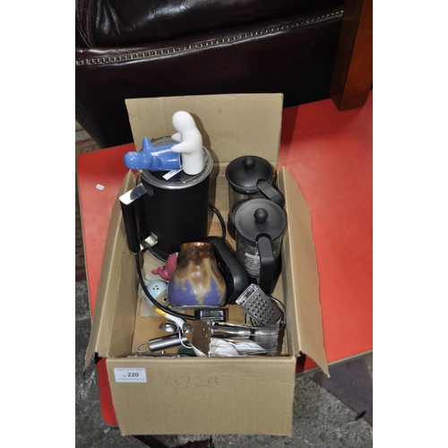 220 - BOX OF KITCHEN ITEMS, INCLUDES MILK FROTHER
