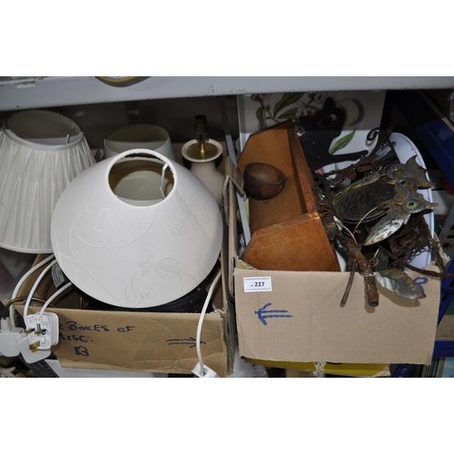 227 - 2 X BOXES OF CHINAWARE AND WALL HANGINGS AND TABLE LAMPS