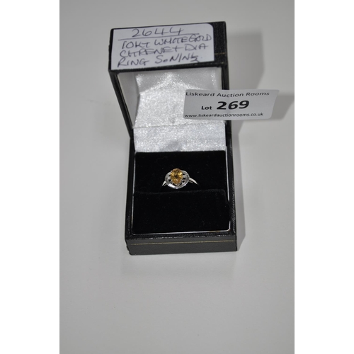 269 - 10CT WHITE GOLD CITRINE AND DIAMOND RING, SIZE N - N 1/2