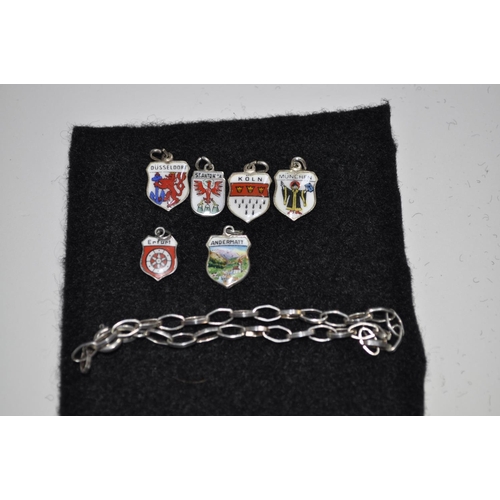 278 - 835 SILVER BRACELET PLUS 6 SILVER ENAMEL CHARMS