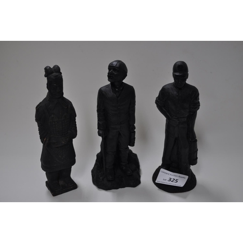 325 - PAIR OF MINERS FIGURES CARVED FROM COAL AND A TERRACOTTA WARRIOR