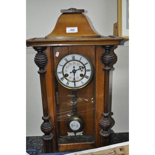 404 - EDWARDIAN ENAMELLED DIAL 8 DAY WALL CLOCK WITH KEY AND PENDULUM