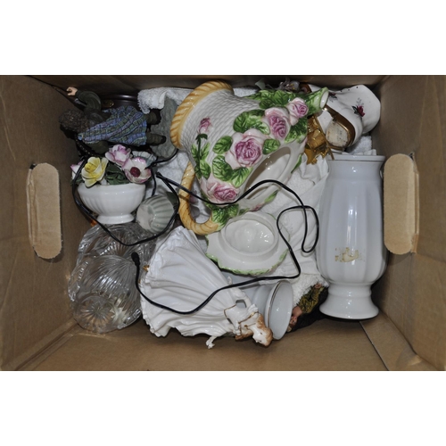 295 - BOX OF CHINA AND GLASSWARE AND CURTAINS