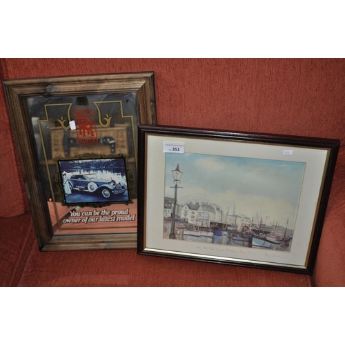 351 - FRAMED AND GLAZED PRINT OF A HARBOUR SCENE IN PLYMOUTH AND A ROLLS ROYCE MIRROR