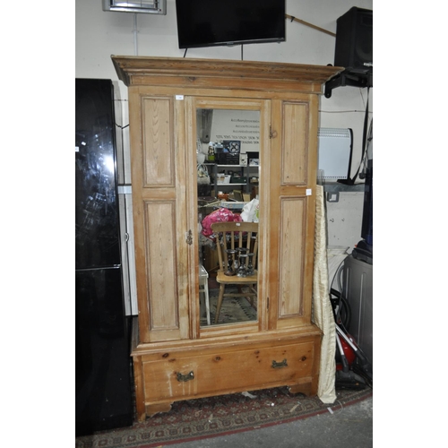 681 - STRIPPED PINE SINGLE DOOR MIRRORED WARDROBE WITH BOTTOM DRAWER