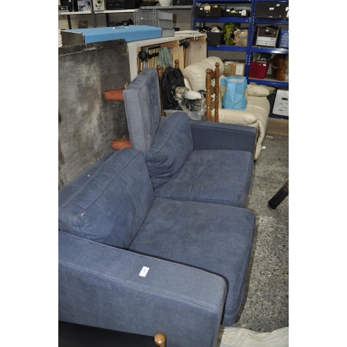 685 - BLUE UPHOLSTERED 2 SEATER SETTEE PLUS STOOL