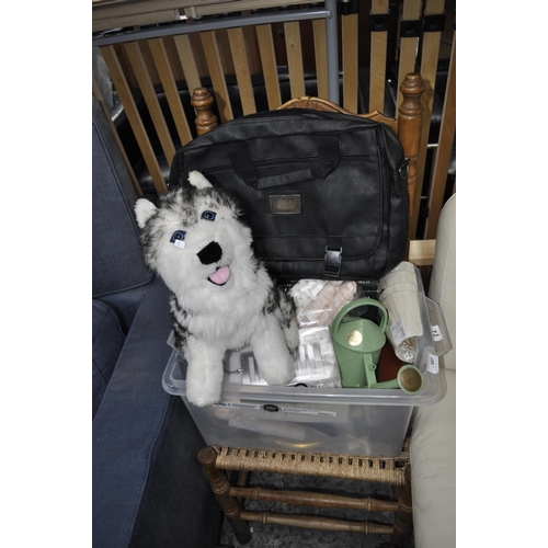 687 - MIXED BOX OF CUDDLY TOYS, WATERING CANS AND TOYS