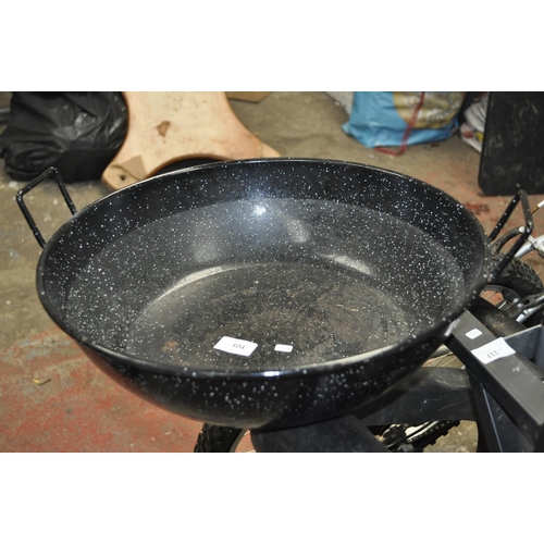 104 - BLACK TWO HANDLED ENAMEL BOWL