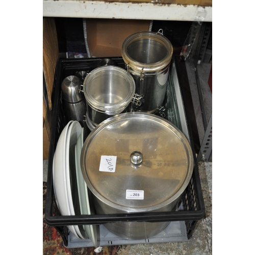 203 - BOX WITH BREAD BIN AND STORAGE JARS