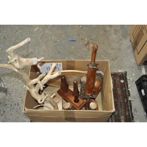 205 - BOX OF WOODEN ITEMS, CARVED TABLE KNIFE SET