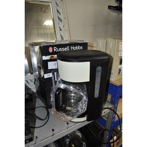 216 - BOXED RUSSELL HOBBS COFFEE MACHINE GWO (SLIGHT CRACK IN JUG)