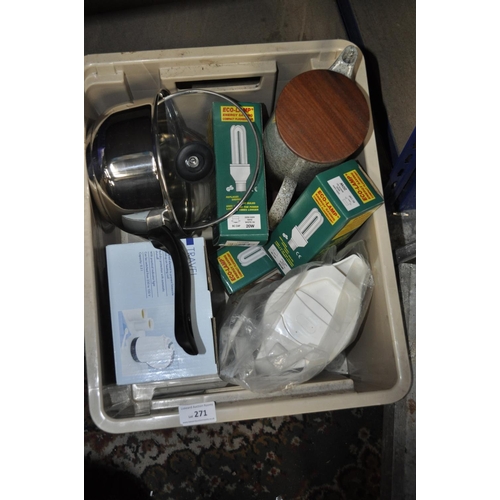 271 - BOX OF LIGHTBULBS, TRAVELLING KETTLE AND SAUCEPAN