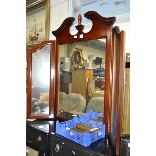 302 - LARGE MAHOGANY SWAN NECK TOPPED FOLDING VICTORIAN DRESSING TABLE MIRROR