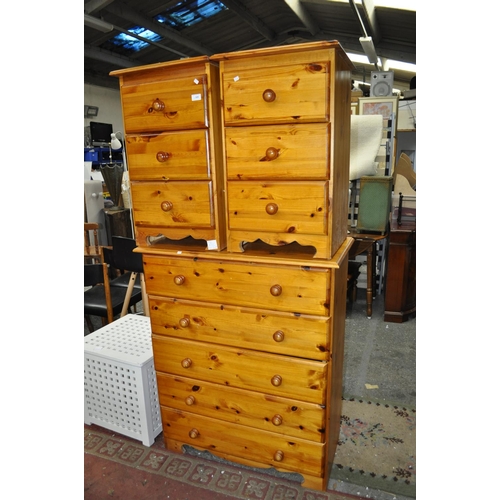 589 - PAIR OF MODERN 3 DRAWER BEDSIDE CABINETS PLUS A 5 DRAWER PINE CHEST OF DRAWERS