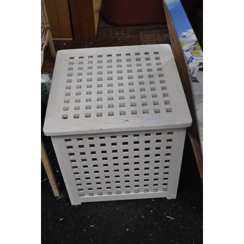 608 - WOODEN LATTICE WHITE PAINTED STORAGE BOX