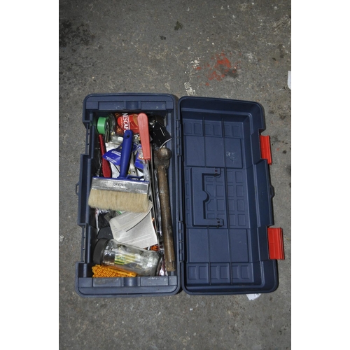 11 - BLUE PLASTIC TOOL BOX AND CONTENTS OF MIXED TOOLS AND PAINT BRUSHES