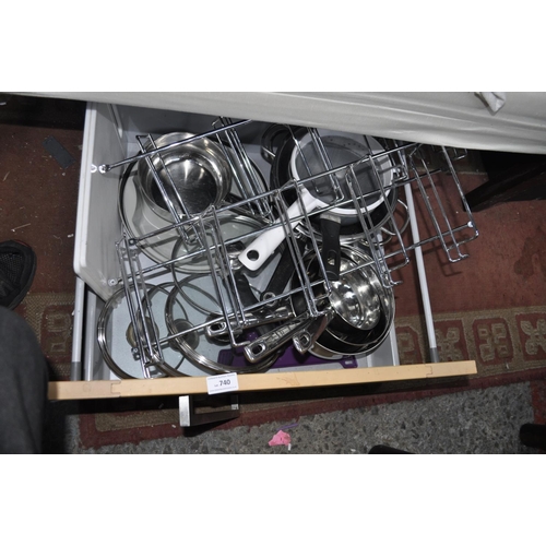 740 - LARGE DRAWER OF STAINLESS STEEL PANS ETC